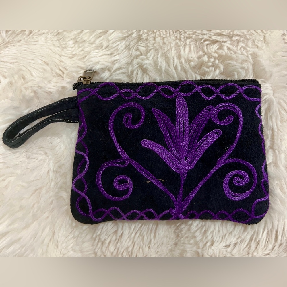 Kashmiri Hand-Embroidered Kashida Pouch – Suede Floral Boho Clutch - New,No Tags
